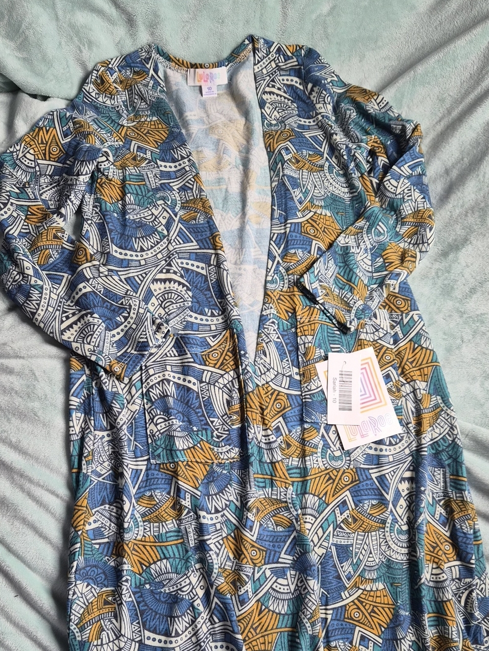 LuLaRoe Blue, Mustard & Teal Open Front Geometric Cardigan